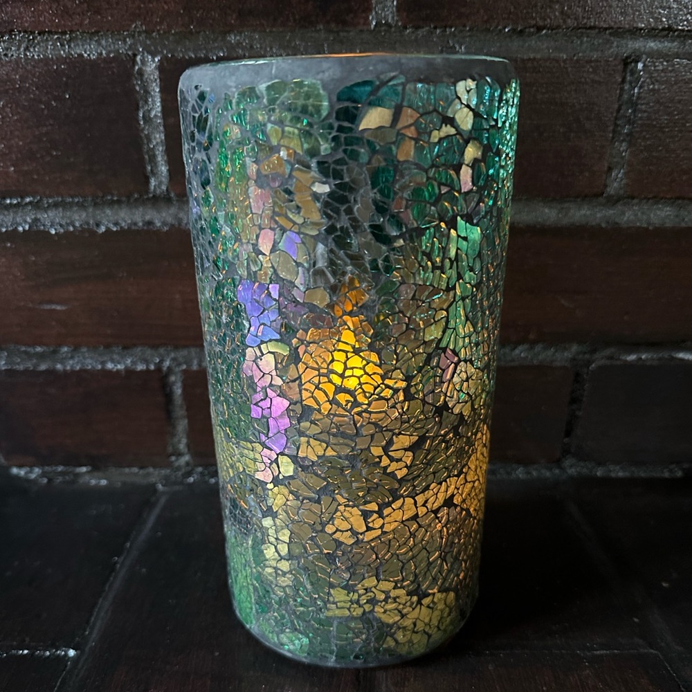 8” Iridescent glass mosaic teal flickering flameless candle